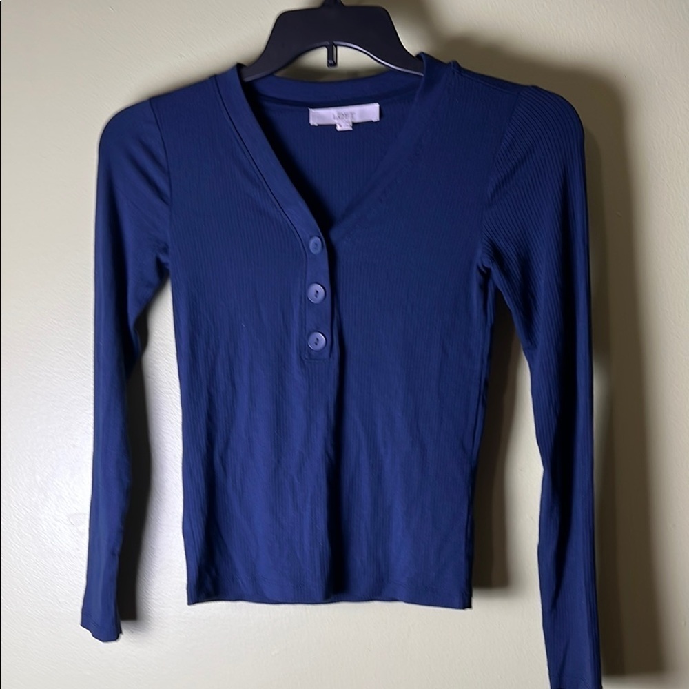 LOFT Navy Ribbed V-Neck Top